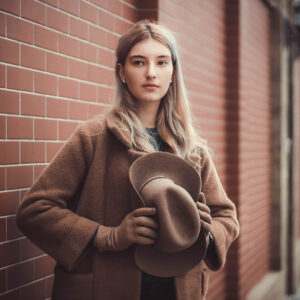 Une femme debout contre un mur de briques rouges, portant un manteau beige et tenant un chapeau assorti. Elle a les cheveux longs et blonds, et porte des gants assortis à son manteau. L'arrière-plan montre une rue vide.